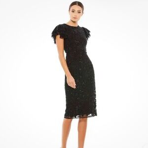 Mac Duggal 10827 Flounce Sleeve Beaded Midi Dress Elegant Black Size 6 NWT
